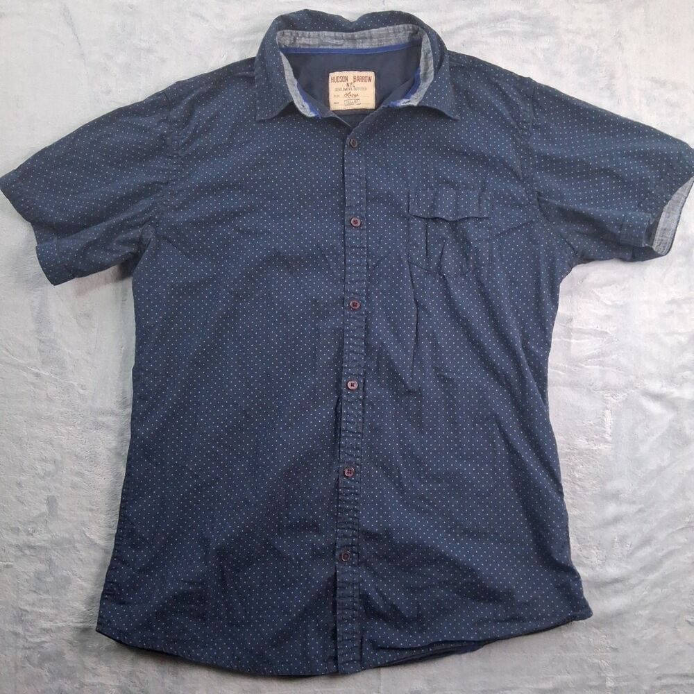 Hudson Barrow NYC Mens Large Blue Polka Dot Button Down Short Sleeve Shirt